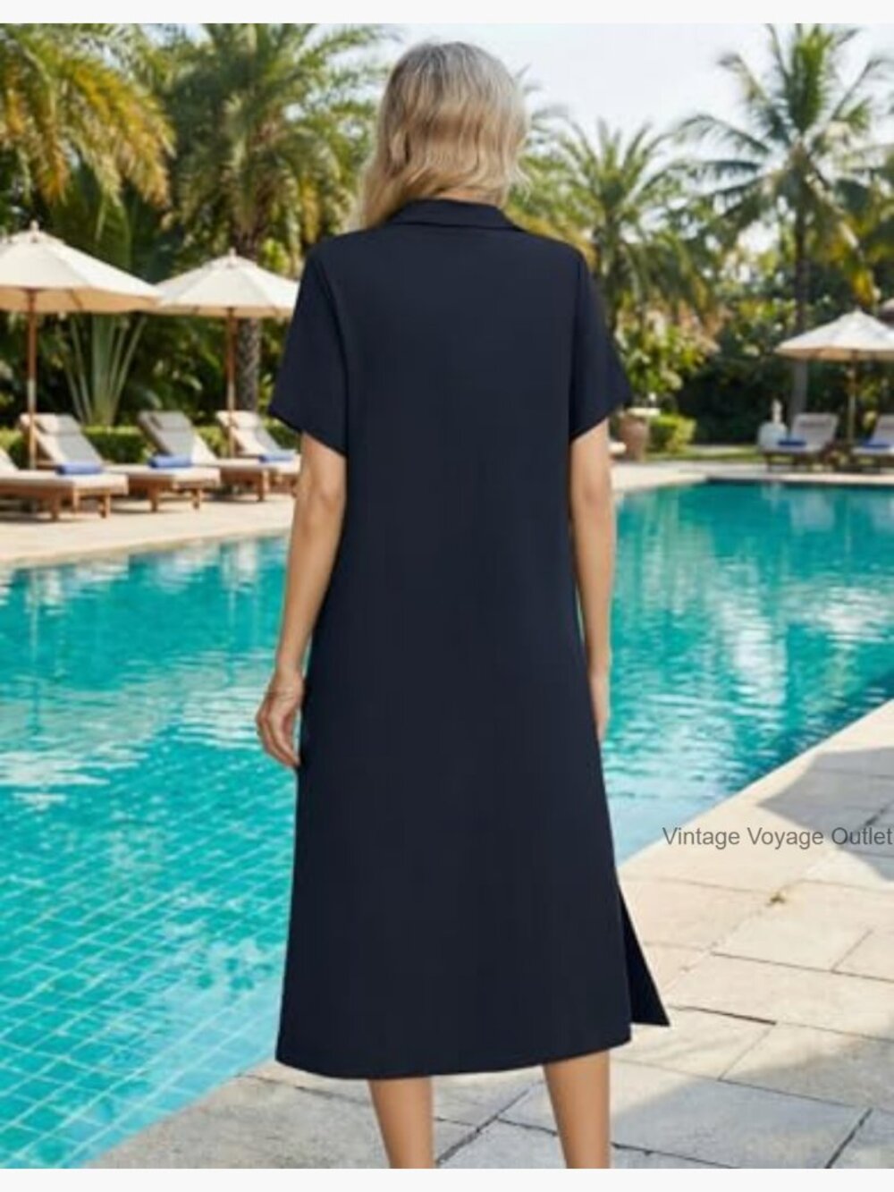 Casual Midi Dress with Pockets Short Sleeve Button Down Shirt Dress Loose Fit - Picture 5 of 7